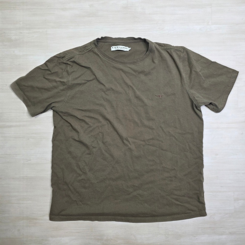 RM Williams Olive Green Short Sleeve Crew Neck Longhorn Logo Shirt Size Large